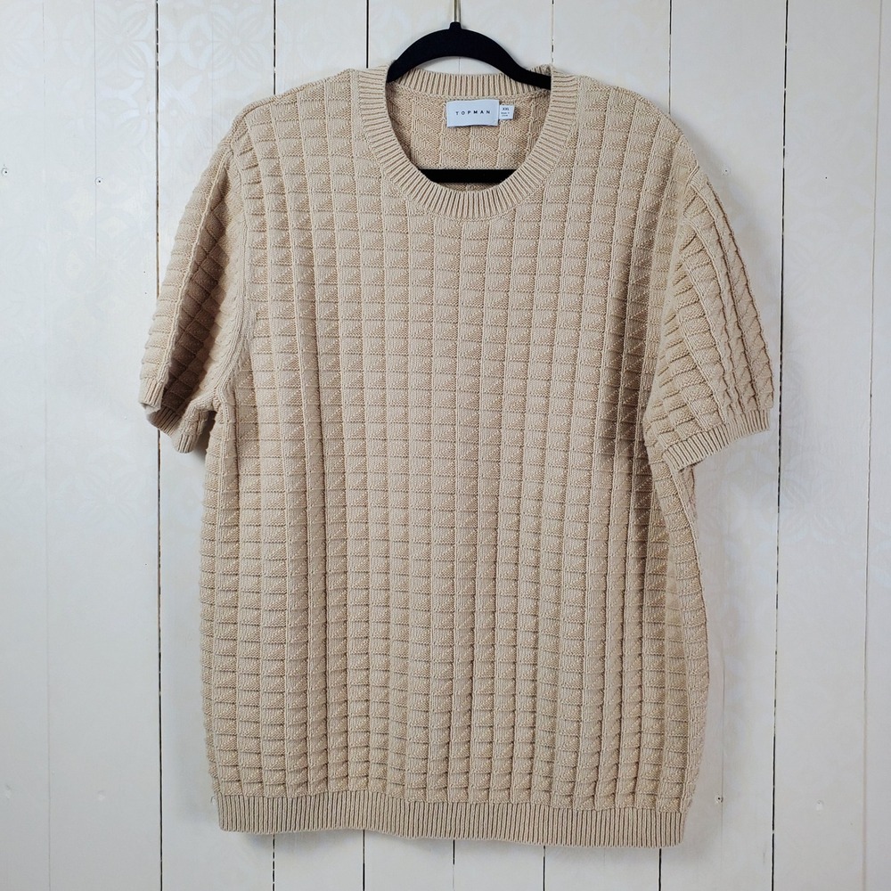 Topman Mens XXL Beige Textured Grid Knit Short Sleeve Crew Neck Sweater
